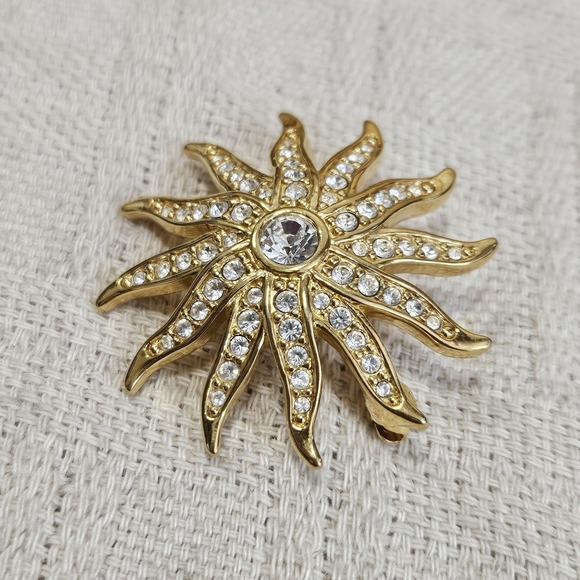 Vintage Swarovski Swan Sunburst Brooch High End Clear Colored Crystals Goldtone - Picture 5 of 6